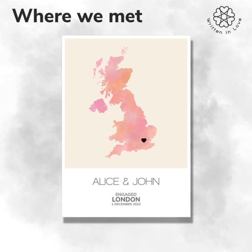 Where we met map of the UK. A heart over London shows an engagement map.